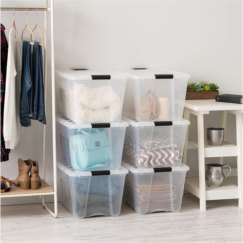IRIS USA 54 Qt Stackable Plastic Storage Bins - BPA-Free, Durable Nestable Containers, 12 Pack - Clear with Lids