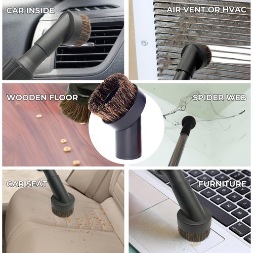 Household Vacuum Cleaner Attachments & Adapter Kit Compatible Small Shop Vacs Hose 1-1/4'' - Horsehair Dust Brush, Flexible Crevice Tool for Cleaning Dryer & Vent, Car Seat Corner