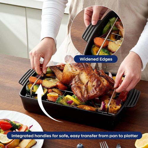 Cast Iron Roasting Pan - Heavy Duty Turkey Roaster with Rack | Induction Compatible, 9 x 12.6 Inch