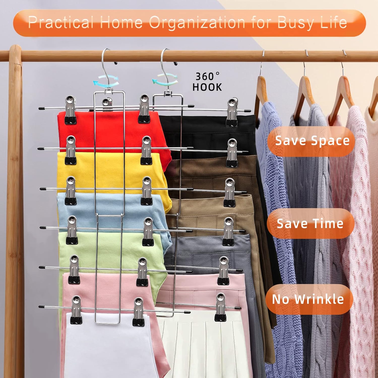 Skiennix 3-Pack Pants Hangers - Space-Saving 6-Tier Closet Organizers with Clips | Essential Storage for Jeans & Scarves