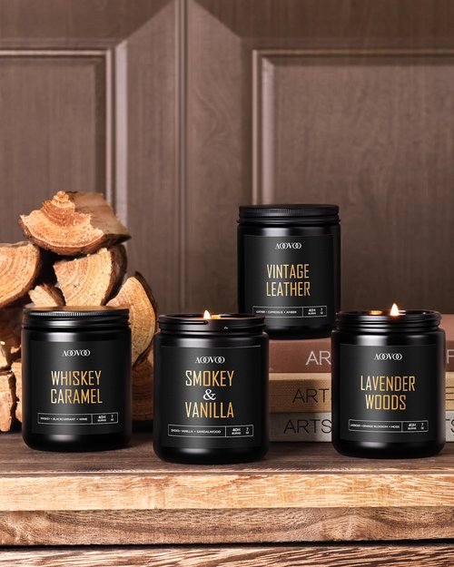 AOOVOO Scented Candles for Men - 4 Pack Candles for Home Scented, 28oz Soy Wax, 200 Hour Burn Time, Men Candle Set, Leather/Smoke & Vanilla/Whiskey Caramel/Lavender Candle Set