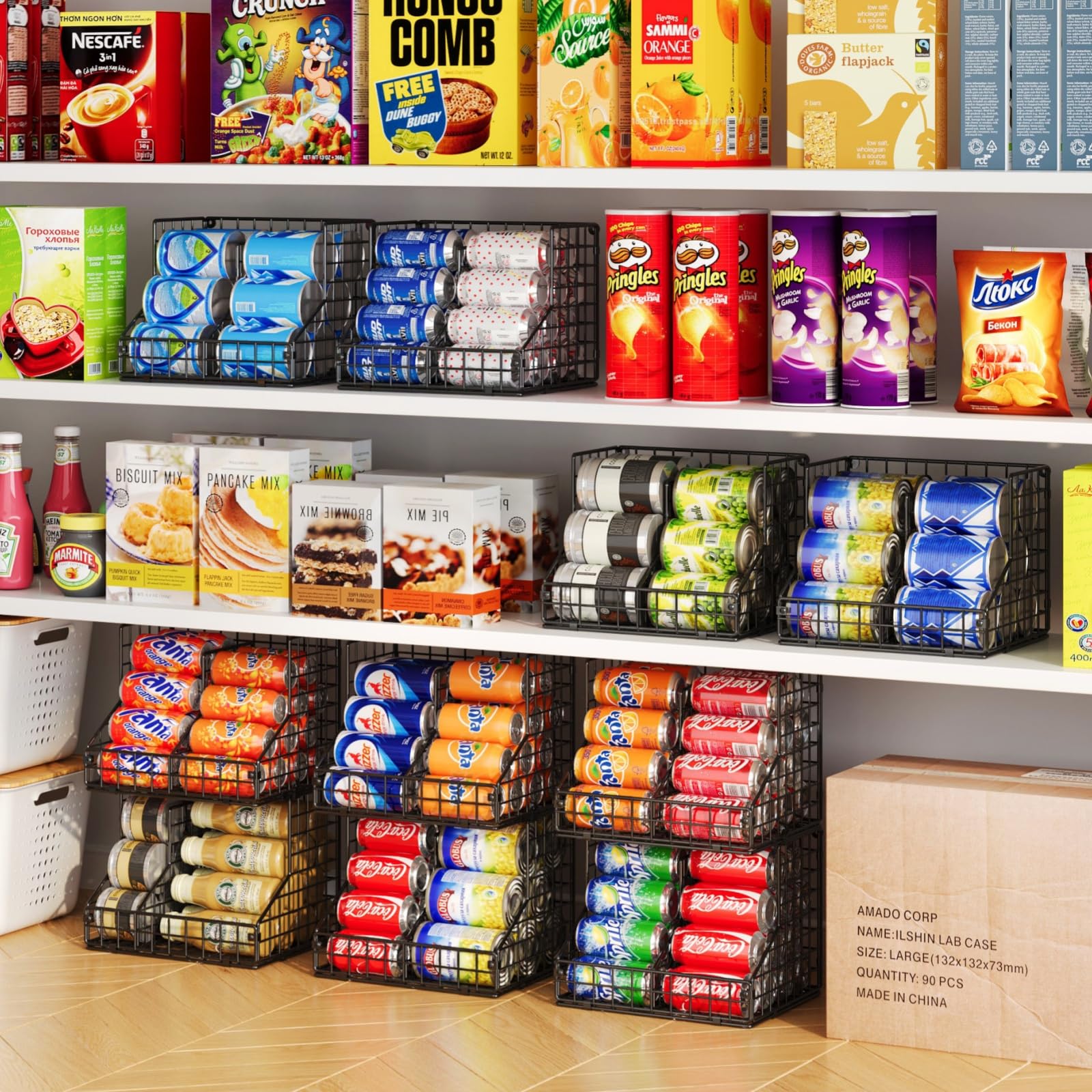 JKsmart 4 Pack Stackable Can Organizer for Pantry with Adjustable Dividers, Soda Can Organizer, Can Storage Dispenser Holds up to 56 Cans, Metal Wire Baskets Can Holder for Kitchen Cabinet Pantry