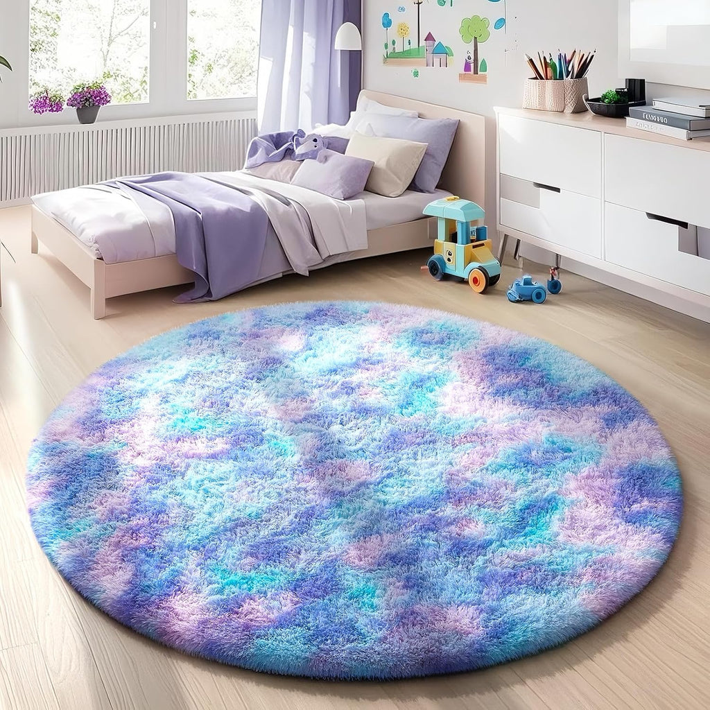 Ophanie Round Rug - 4Ft Tie-Dye Rainbow Purple Circle Area Rug | Plush Soft Shaggy Carpet for Kids' Rooms