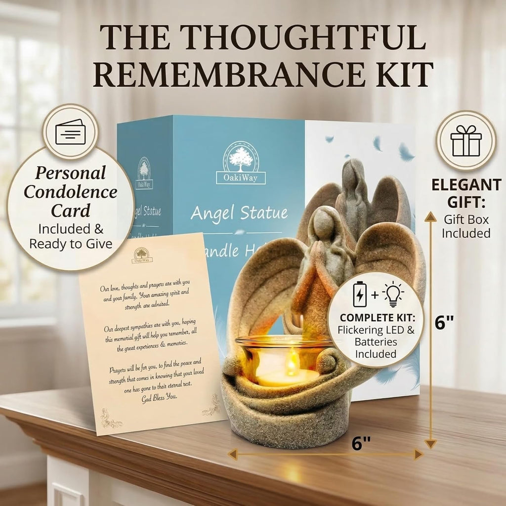 OakiWay Memorial Candle Gift - Angel Figurine Tealight Holder with Flickering LED Candle | Sympathy & Bereavement Decor