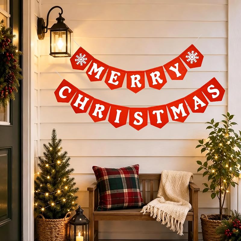 Merry Christmas Banner - Red White Felt Indoor Wall Sign, Ready-to-Hang (Variation: Red White)