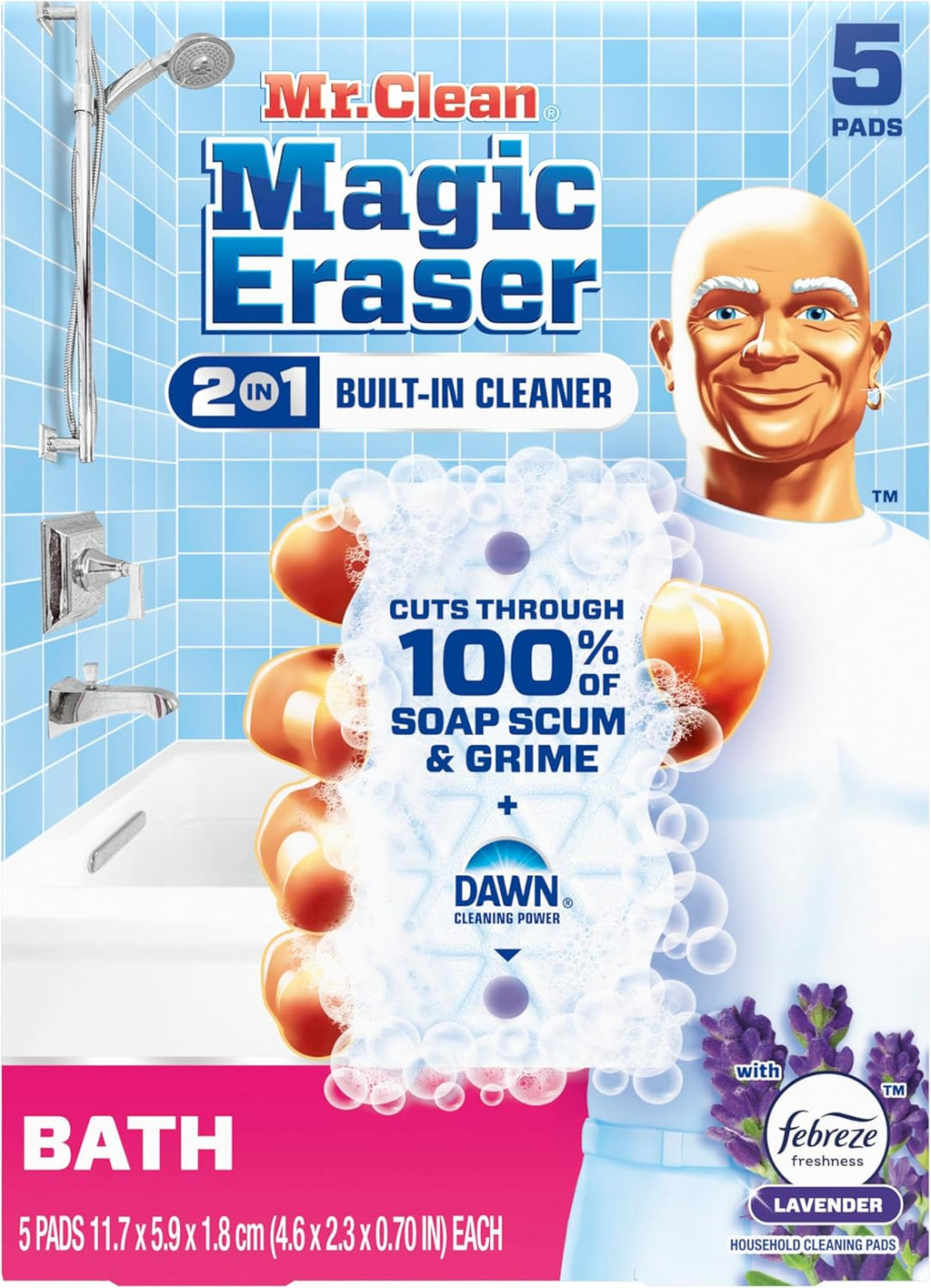 Mr. Clean Magic Eraser Sponge - Powerful Bathroom Cleaner with Febreze Lavender Scent | 5 Count