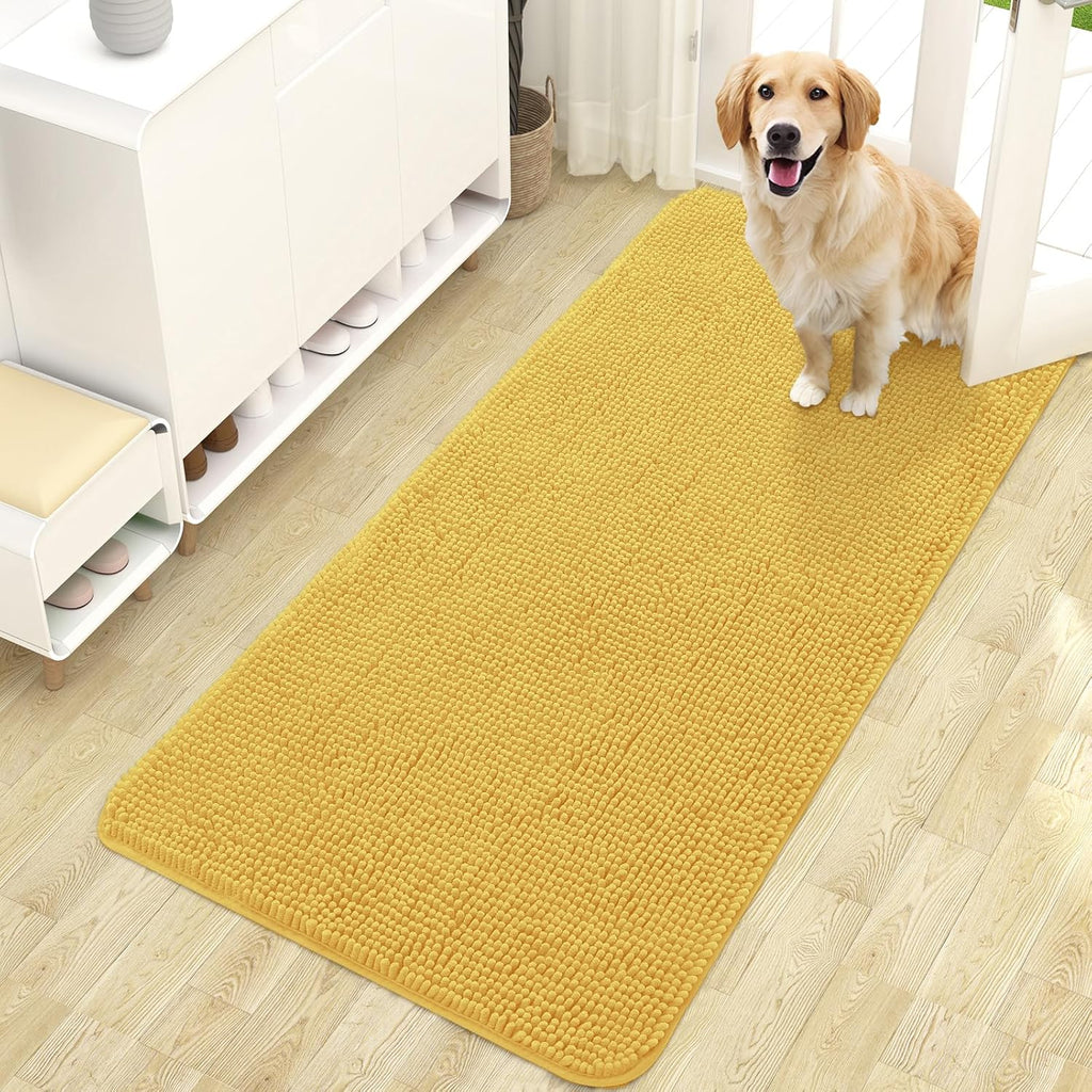 OLANLY Dog Door Mat - Absorbent Non-Slip Washable Doormat for Muddy Paws | 47x24 Yellow Chenille Mat