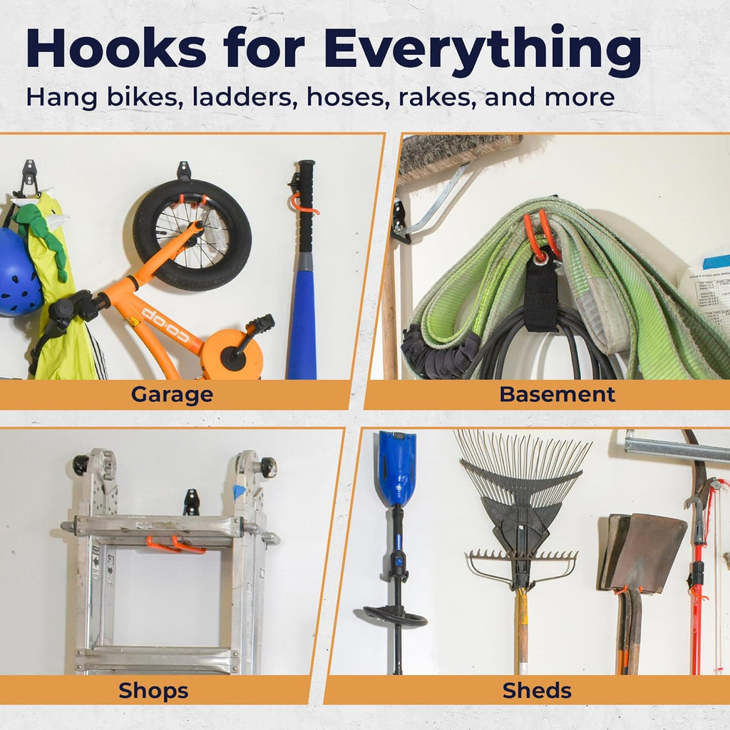 Steel Heavy Duty Garage Hooks - 16 Pack Anti-Slip Wall Mount Organizer for Tools, Bikes & More