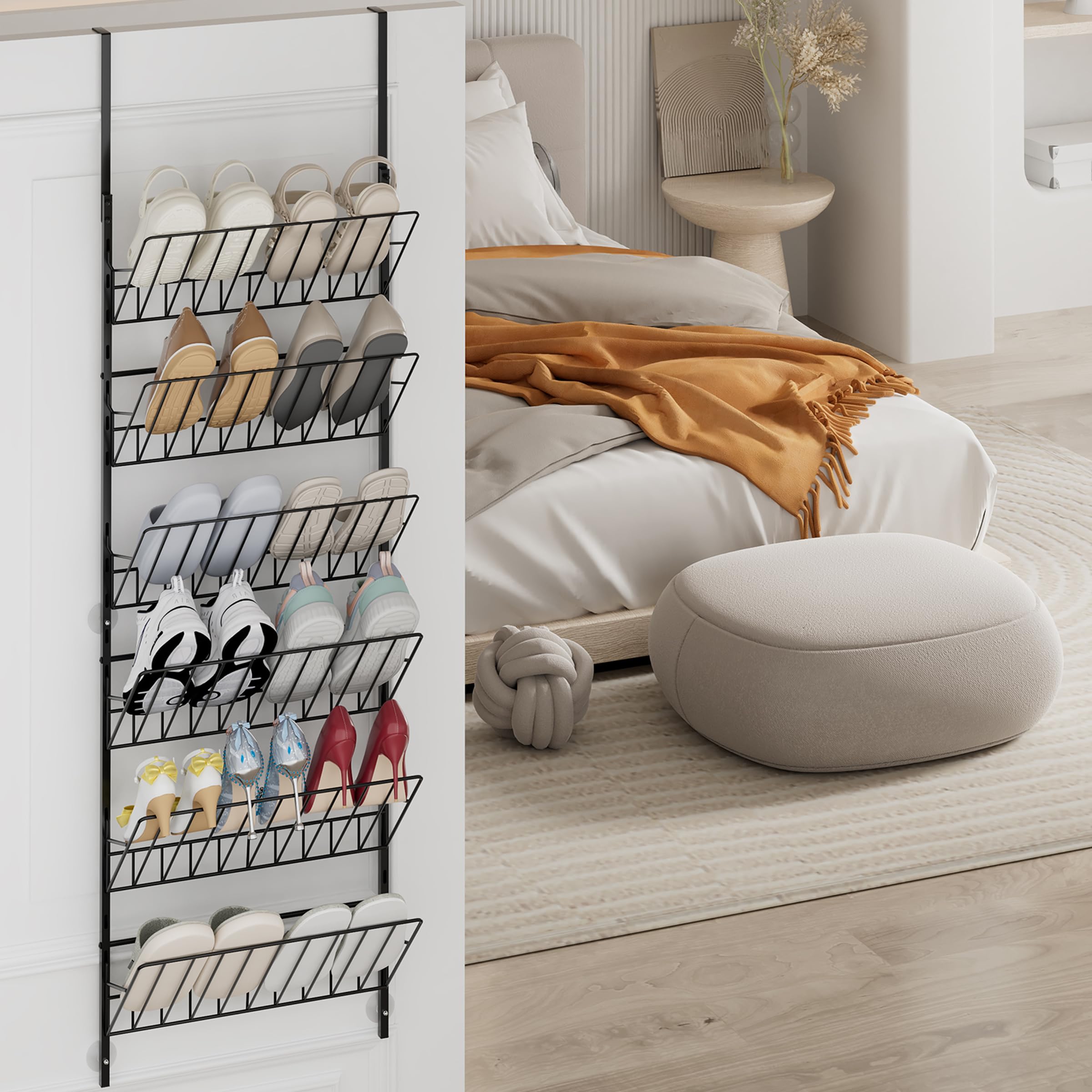 SWTYMIKI Over The Door Shoe Organizer - Adjustable 6 Tier Hanging Shoe Rack Organizer, Metal Heavy Duty Behind Door Storage or Wall Mount Shoes Shelf for Flats, Heels, Sneakers, Boots