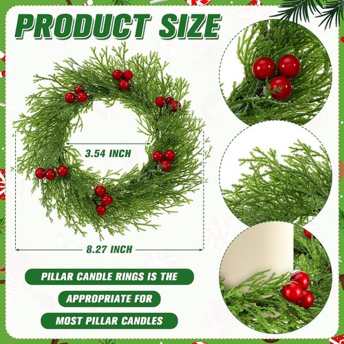 Knitgrip 8 Pcs Small Christmas Wreaths - Red Berry Artificial Cedar Candle Rings | 8.27" Mini Holiday Decor