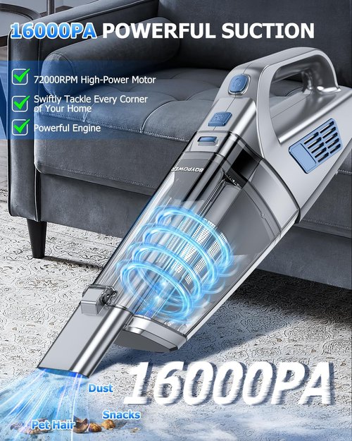 BQYPOWER Cordless Handheld Vacuum - 16000PA Strong Suction, Rechargeable with Accessories for Home & Car