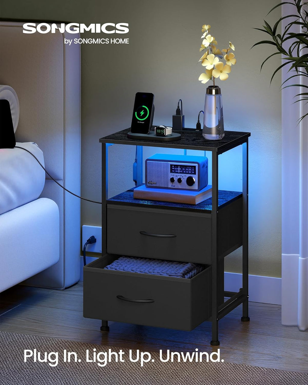 SONGMICS Nightstand with Charging Station - App-Controlled LED Lights, 2 Drawers & Open Shelf, Ink Black & Ebony Black