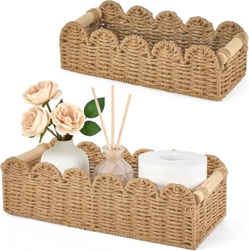 Dahey Toilet Paper Storage Basket - Woven Paper Rope Design with Scalloped Edge | 2 Pcs for Bathroom & Home Decor