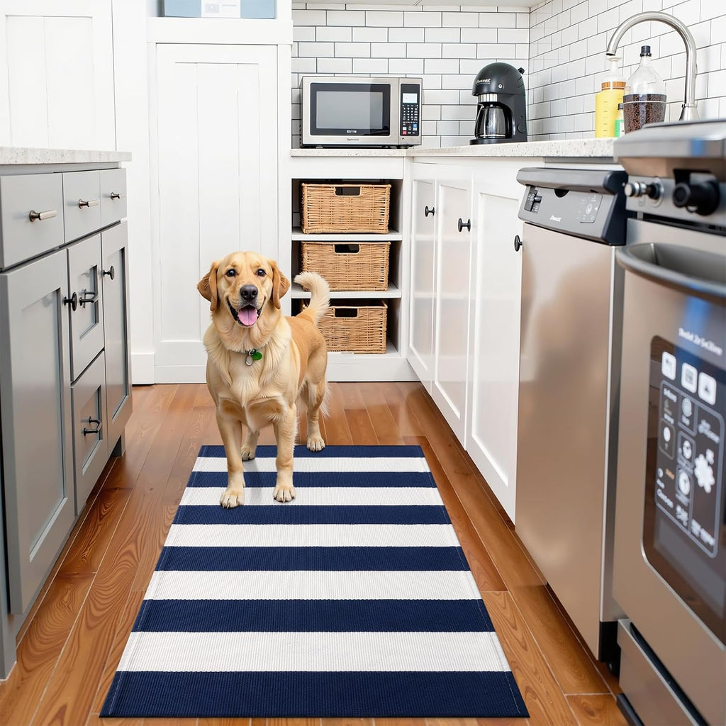 OLANLY Striped Rug - Navy & White Washable Cotton Doormat | 2'4" x 3'7" for Indoor & Outdoor Use