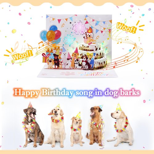 DERAKUS Dog Birthday Cards 3D Pop up Greeting Card with Lights & Woof Music & Blowable Candle Funny Birthday Gifts Card for Dog Lovers Women Men Kids Mom Dad