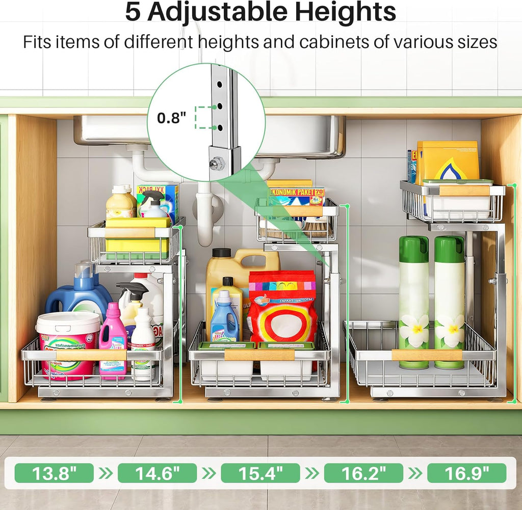 Under Sink Organizer by Skiennix - Stainless Steel 2-Tier Storage Solution | Pull-Out Cabinet Shelf