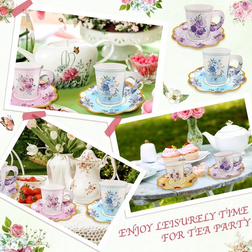 24 Sets Disposable Paper Tea Cups 7 OZ Floral Tea Party Cups with Handle and Plates Teacups and Saucer Sets for Baby Bridal Shower Wedding Birthday(Watercolor Style)