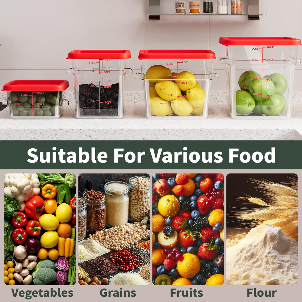 ENCYS 8 Quart Set of 4 Food Storage Containers Commercial Clear Square Food Storage Containers with Lids and Handles(BPA FREE)