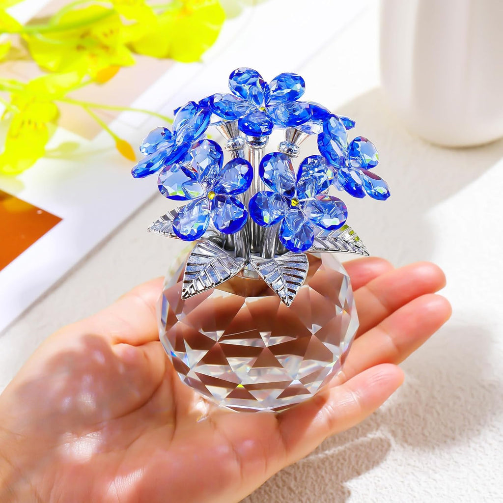 YWHL Blue Crystal Forget-Me-Not Flowers | Handmade Glass Bouquet Figurine for Tabletop Decor