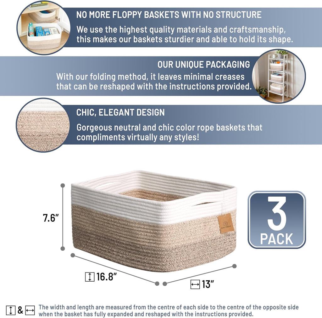 NaturalCozy Storage Baskets - 3-Pack Cotton Rope Woven Bins for Organizing | 16.8”x13”x7.6” Size