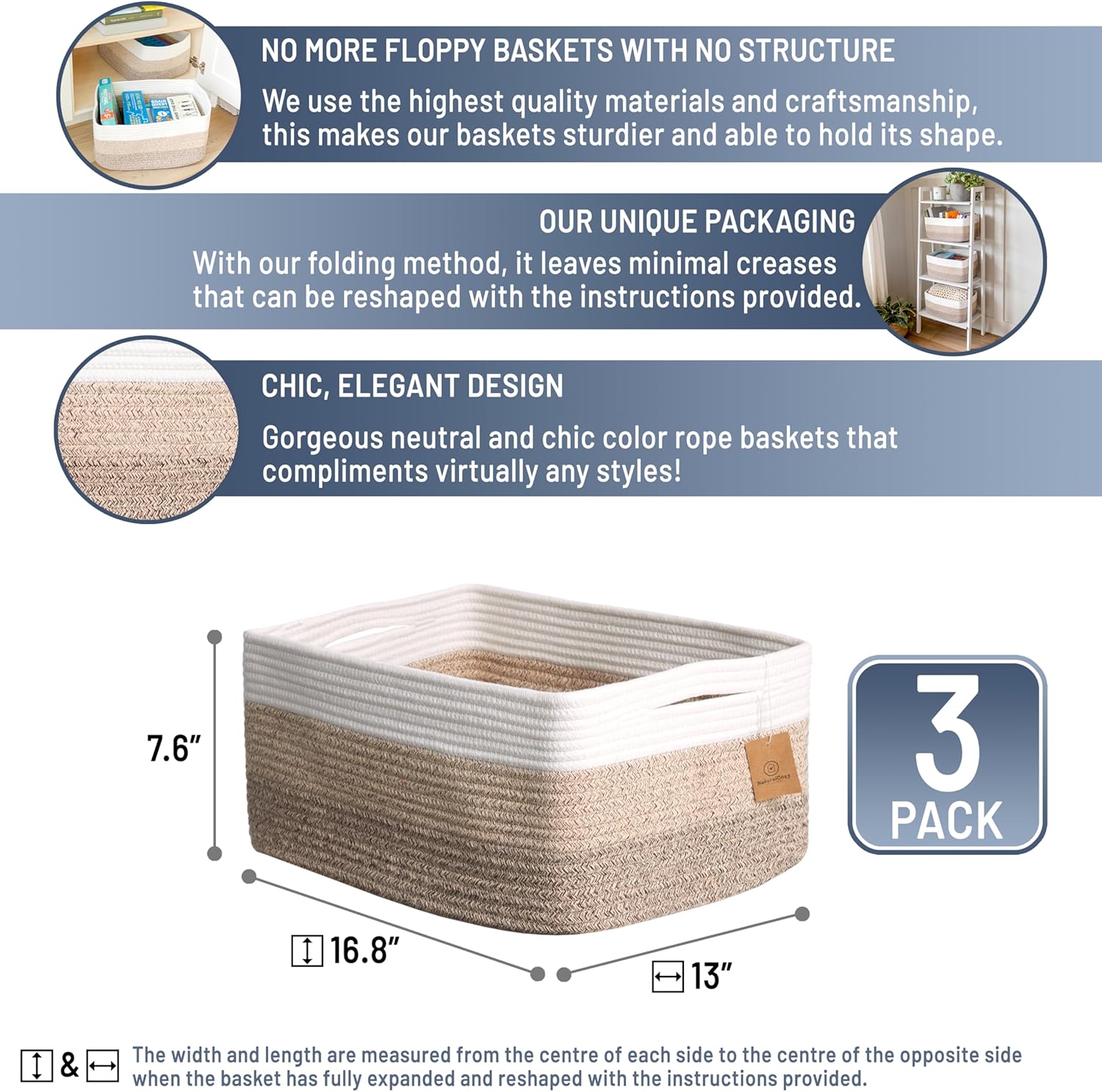 NaturalCozy Storage Baskets - 3-Pack Cotton Rope Woven Bins for Organizing | 16.8”x13”x7.6” Size