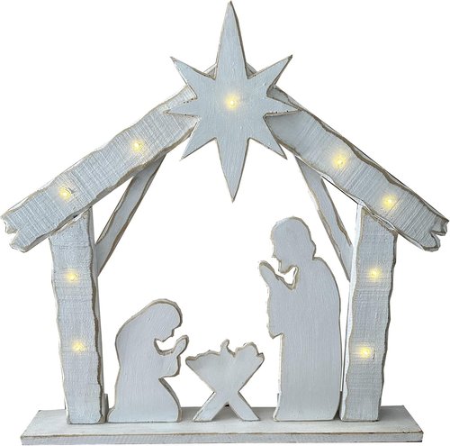 Hi-Line Gift Ltd 30-Inch Lighted Wooden Nativity Family - Battery Operated Christmas Decor with Timer