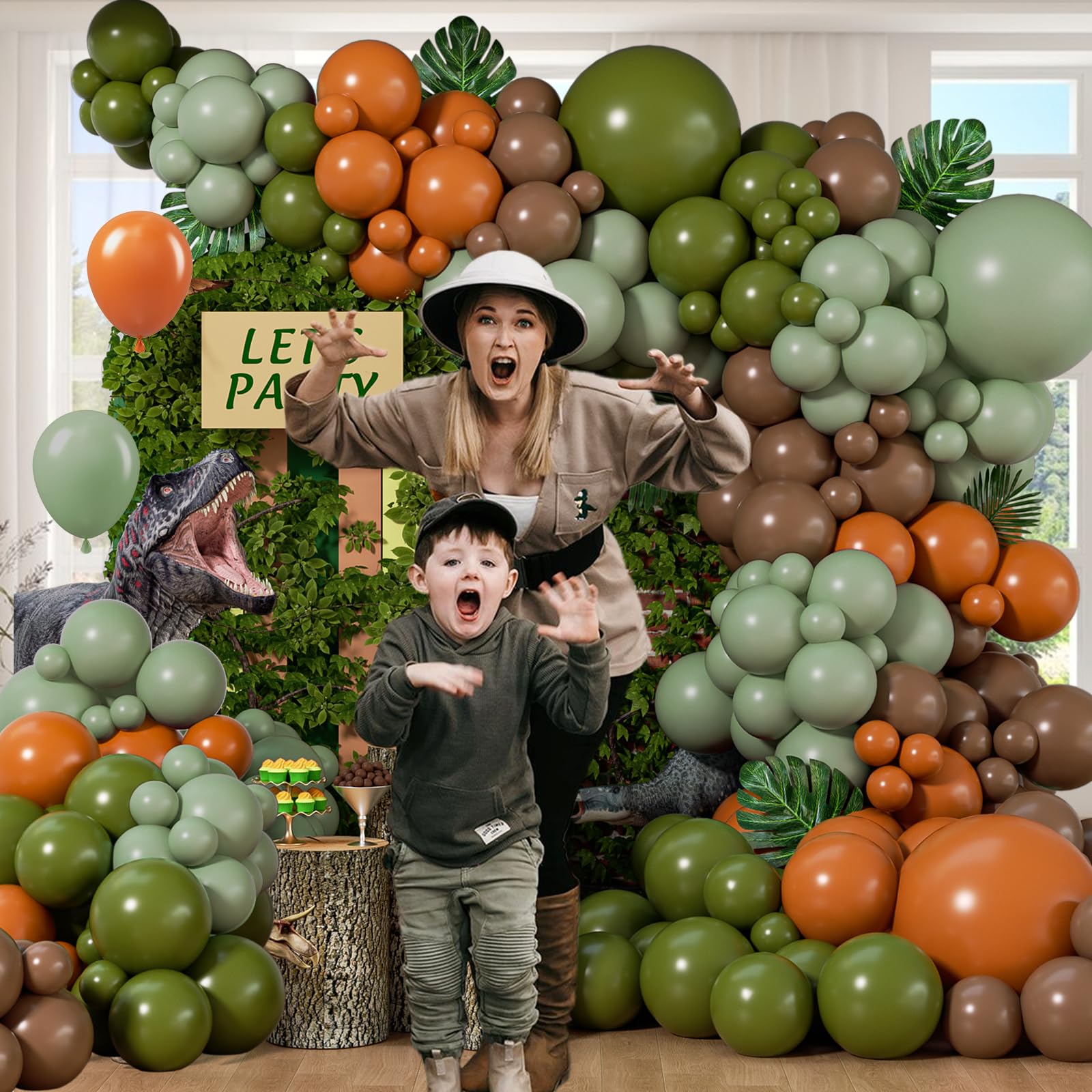 141pcs Dinosaur Balloon Garland Arch Kit, Brown Orange Sage Green Latxe Balloons for Jungle Safari Dinosaur Baby Shower Birthday Party Decorations