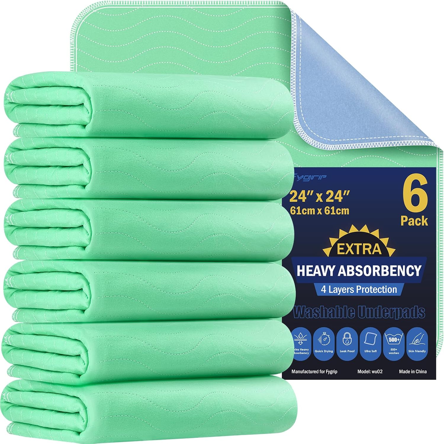 Skiennix Washable Underpads - 6 Pack Extra Heavy Absorbency | 24” x 24” Waterproof Bed Pads for Incontinence & Pets
