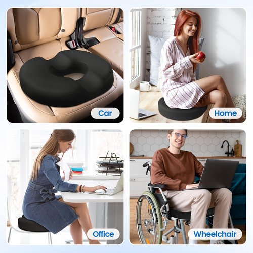 Donut Pillow Seat Cushion - Cooling Gel Stadium Seat Cushion, Memory Foam Chair Cushion for Office and Home, Car Seat Cushion, Hemorrhoids Pillow, Sciatica and Tailbone Pain Relief, Black