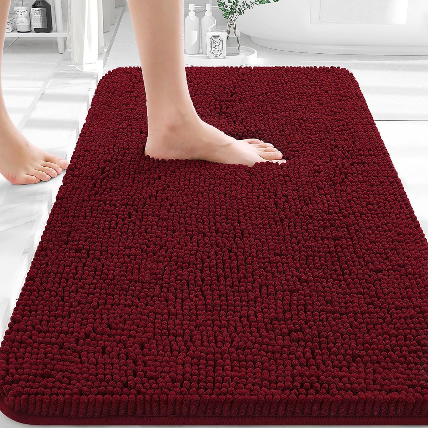 OLANLY Bathroom Rugs - Extra Soft Chenille Bath Mats | Quick-Dry, Machine Washable, 30x20, Burgundy