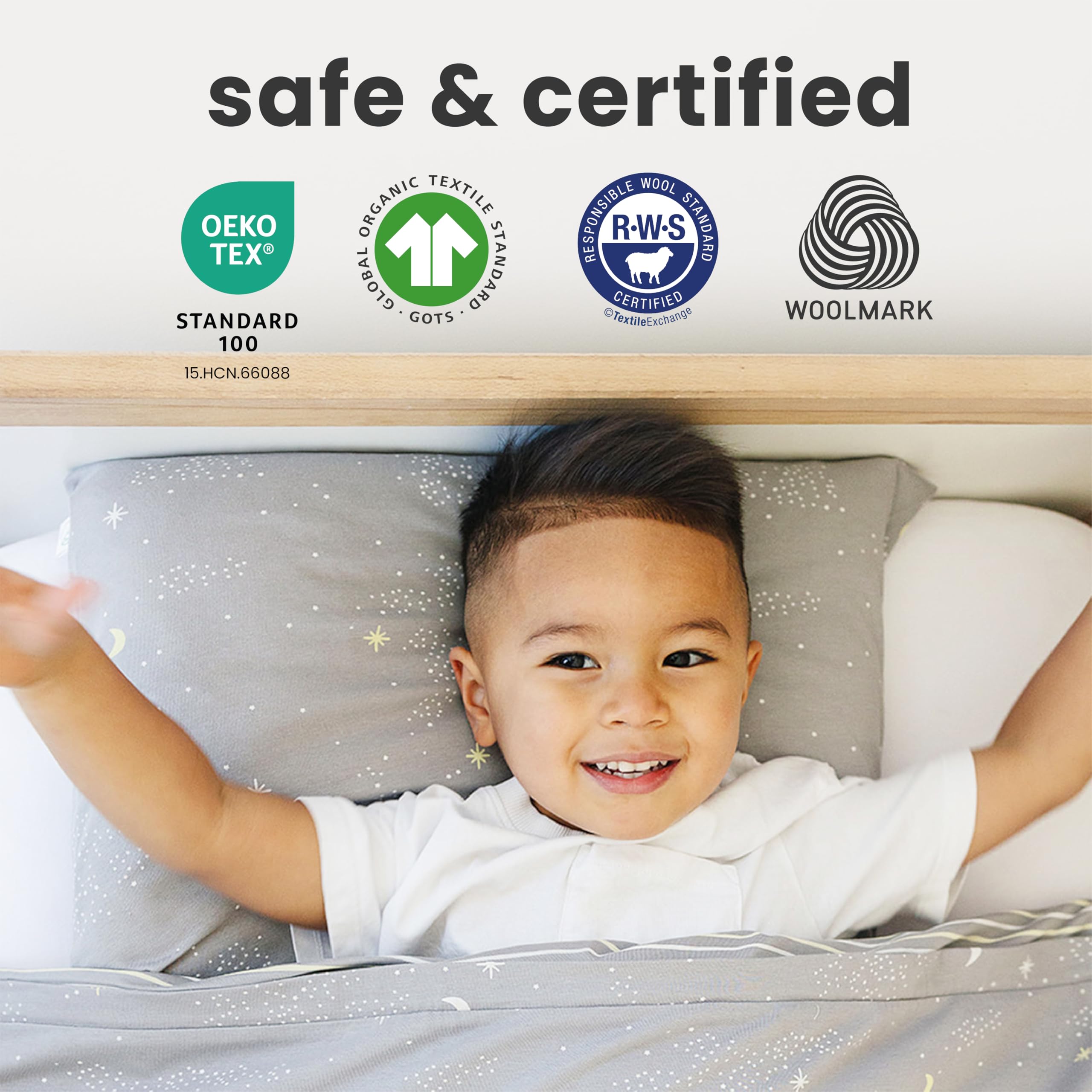 Woolino Toddler Pillow, Premium Breathable 100% Wool Fill & Cotton Cover Toddler Sleeping Pillow, Small Kids Travel Size, 14x19