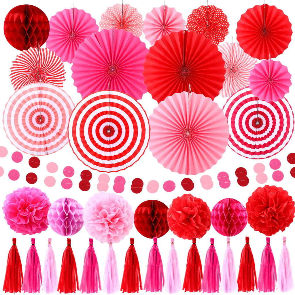 Epakh 50 Pcs Valentine's Day Decorations Paper Fans Valentine's Day Party Decoration Tassel Flowers Hanging Fans Garlands Red Pink Paper Poms Balls Streamer Decor for Wedding Birthday Bridal Shower