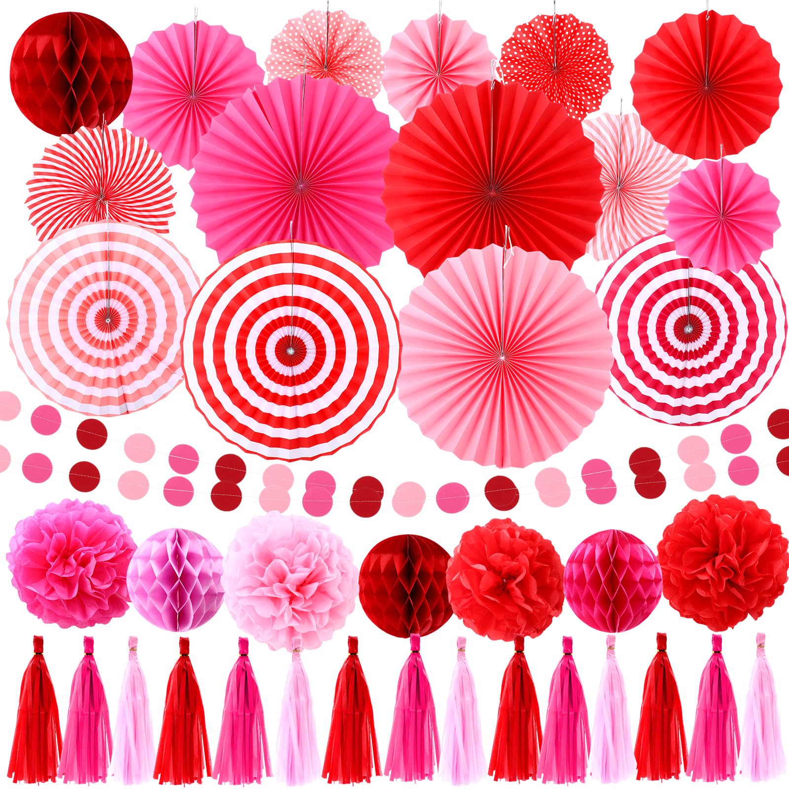 Epakh 50 Pcs Valentine's Day Decorations Paper Fans Valentine's Day Party Decoration Tassel Flowers Hanging Fans Garlands Red Pink Paper Poms Balls Streamer Decor for Wedding Birthday Bridal Shower