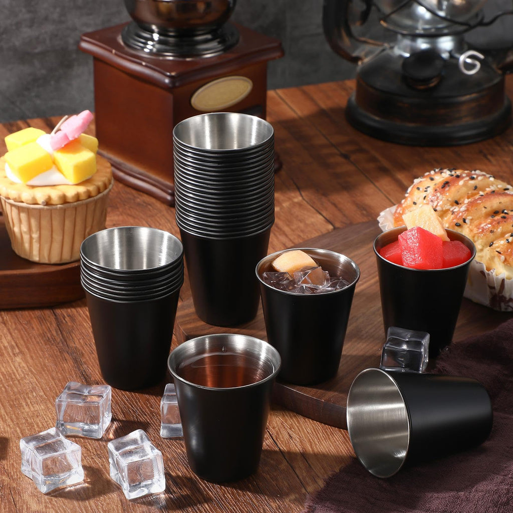Lallisa 100 Pcs 2 oz Stainless Steel Shot Glasses Metal Cups Small Unbreakable Shot Glass for Espresso Whiskey Bar Home Restaurant Camping Barware Gift (Black)
