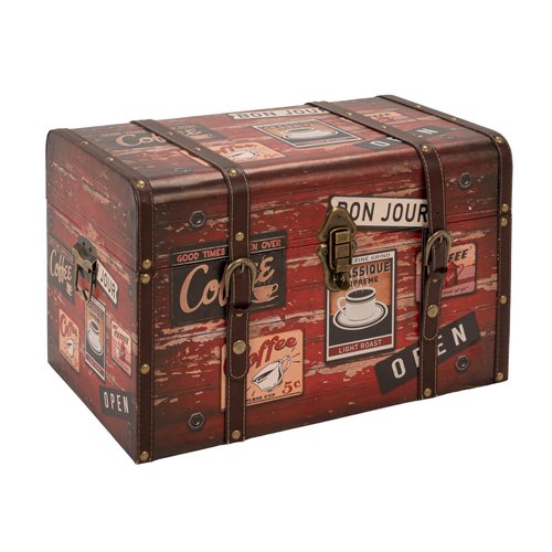 Household Essentials Medium Decorative Trunk, Coffee Shop Faux Decoupage, Antique Exterior, Leather and Metal Accents, Fabric Interior, Hinged Lid, Brown
