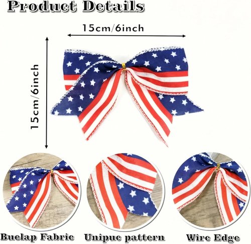 American Flag Bows - 12 PCS Red, White & Blue Patriotic Bows | 6 Inch for 4th of July & Memorial Day Decor