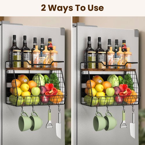 jijoe Magnetic Shelf for Fridge with Wood Lid & 4 Hooks, Fruit Potato & Onion Storage Bins, Pantry Organizer & Storage, Large Container Magnetic Spice Rack for Refrigerator, Kitchen Counter & Cabinet