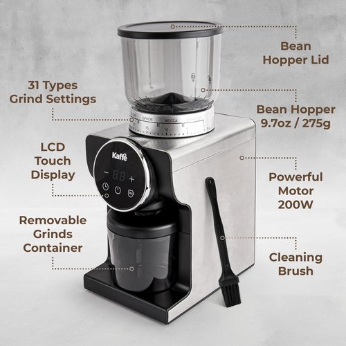 Kaffe Electric Burr Coffee Grinder (9oz) w/ 31 Adjustable Coarseness Settings - Conical Burr - [New Touch Screen w/Timer & Cup Selector] - Precision Coffee Bean Grinder for Home Use - Stainless Steel