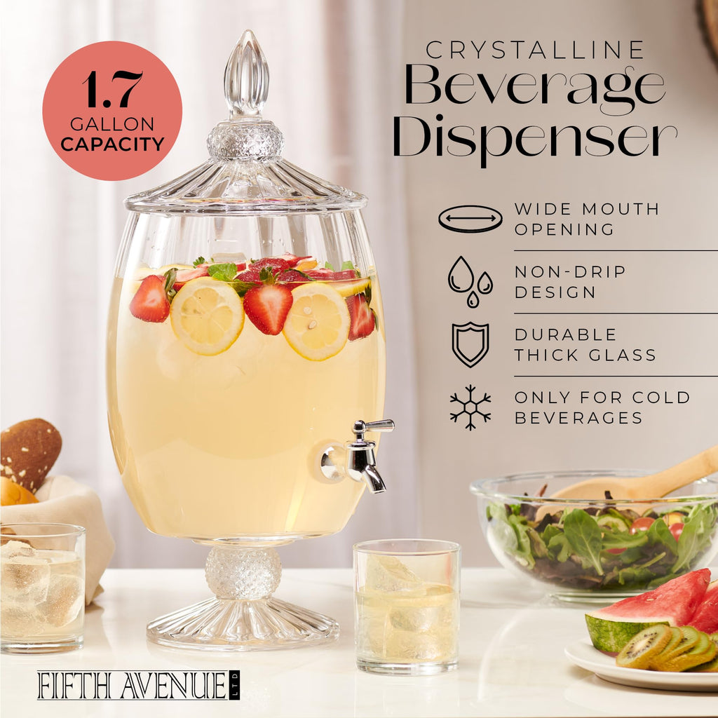 Fifth Avenue Crystal Madison Optic Beverage Cold Drink Dispenser w 1.7-Gallon Capacity Glass Jug, Leak Proof Acrylic Spigot for Parties, Weddings,& More, 8.5x18