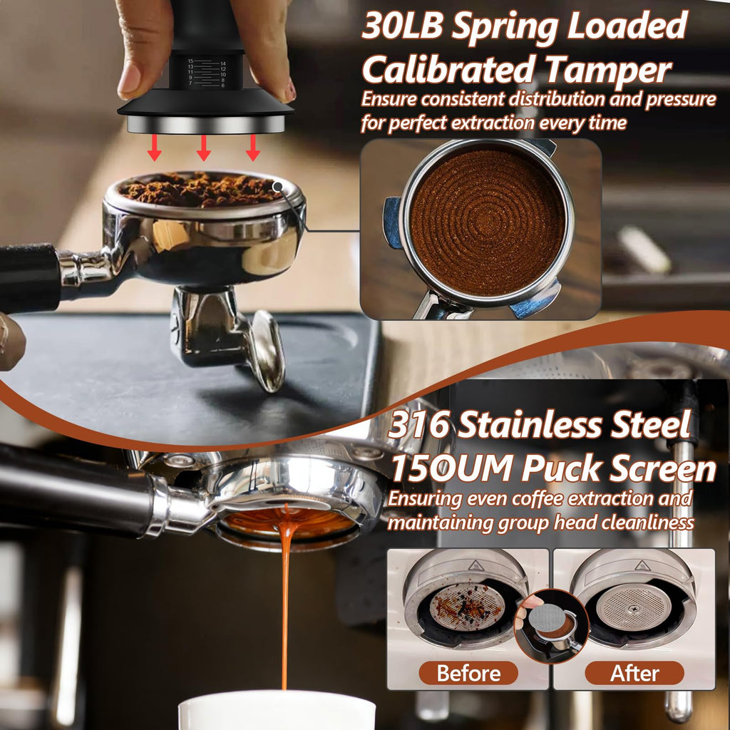 7 Pcs 51mm Espresso Accessories Kit, Spring Loaded Calibrated Tamper, WDT Tool, Coffee Measuring & Espresso Cup and Tamper Mat, Puck Screenr & Dosing Funnel, 51mm Espresso Machine Accessories