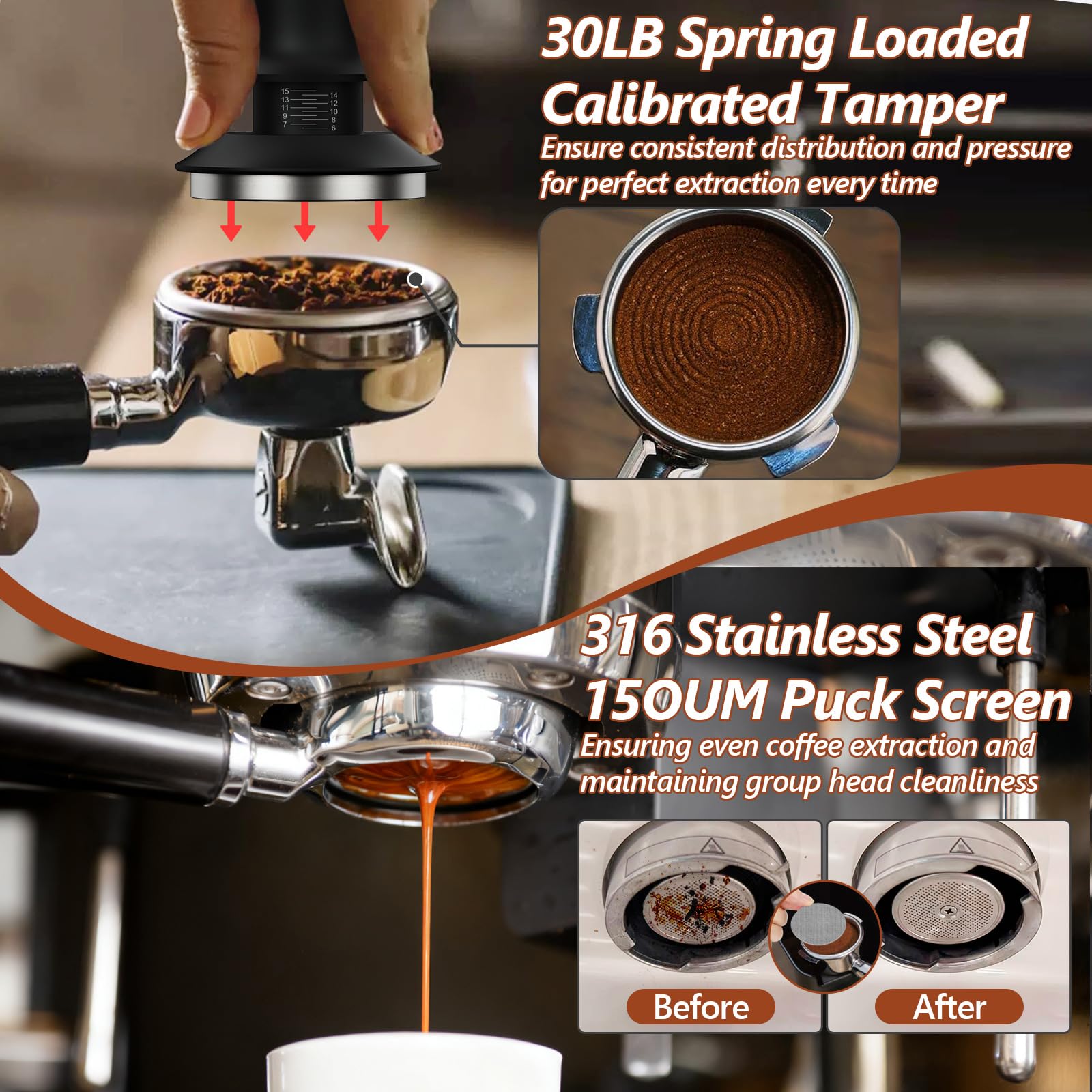 7 Pcs 51mm Espresso Accessories Kit, Spring Loaded Calibrated Tamper, WDT Tool, Coffee Measuring & Espresso Cup and Tamper Mat, Puck Screenr & Dosing Funnel, 51mm Espresso Machine Accessories