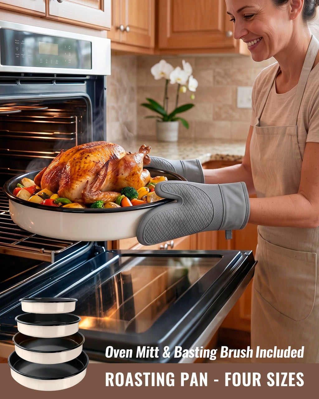 MCCSI Enamel Round Roasting Pan Set Baking Dish 4-Pack 9/10/12/14 Inch High Temperature Resistance Bakeware for Pizza Chicken, Oven Dishwasher Safe Birthday Mother Day Gift for Wife & Mom Cake Pan