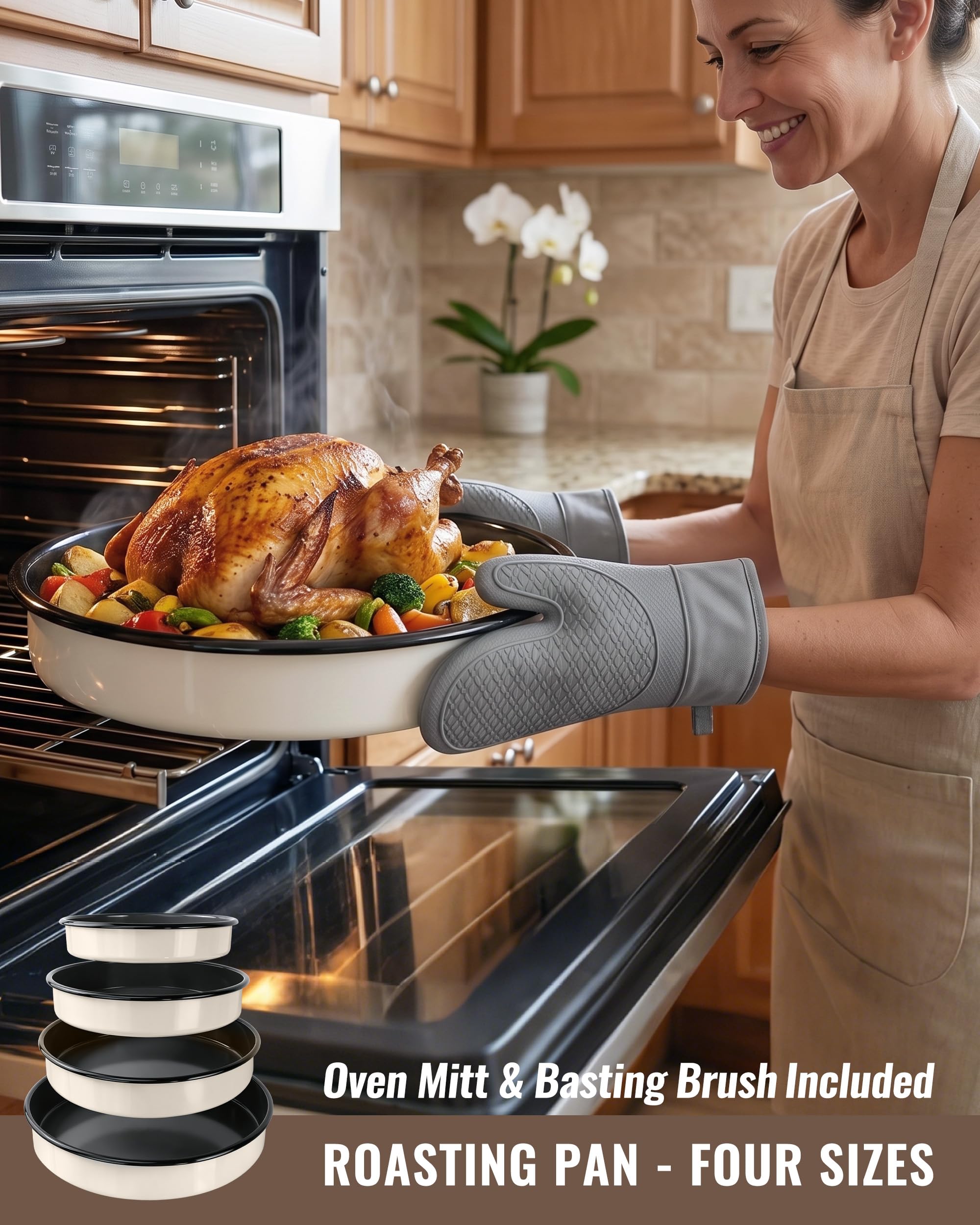 MCCSI Enamel Round Roasting Pan Set Baking Dish 4-Pack 9/10/12/14 Inch High Temperature Resistance Bakeware for Pizza Chicken, Oven Dishwasher Safe Birthday Mother Day Gift for Wife & Mom Cake Pan