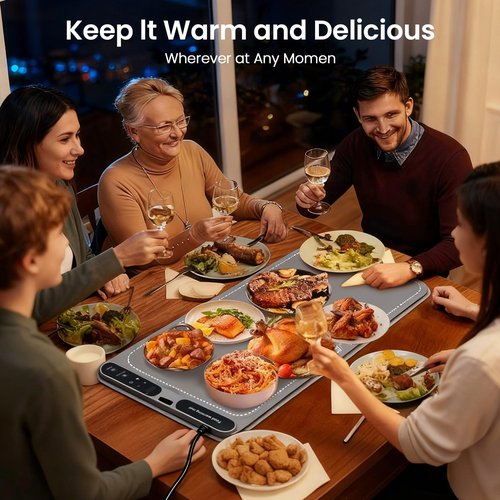 NYEONHRT Electric Warming Mat for Food Extra Large, Silicone Rollable Warming Tray - 8s Rapid Full Surface Heating | 7 Temp Settings | 8H Timer | Auto Shut-Off | Child Lock, for Buffet Party (XXL)