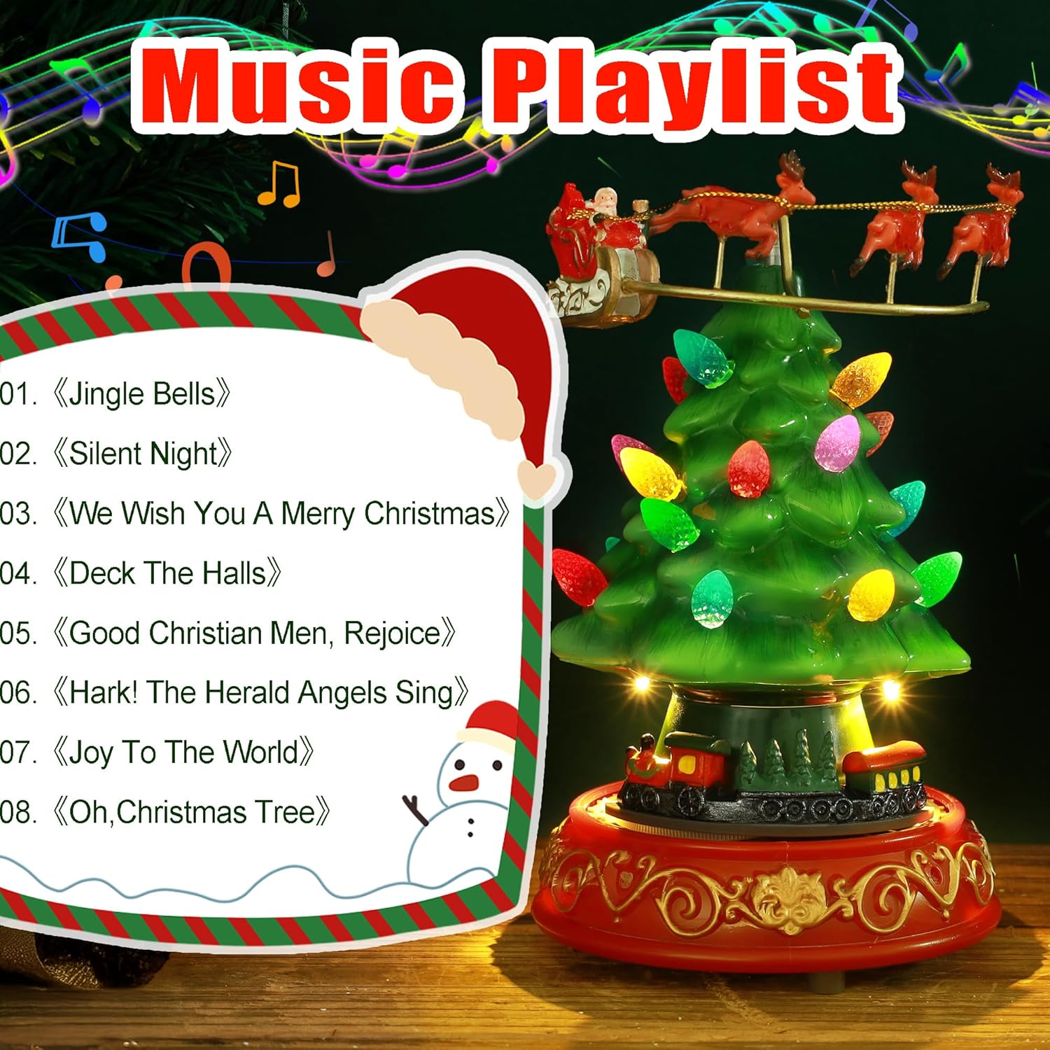 Musical Christmas Tree Decor - Rotating Train & Santa Elk Figurines with LED Lights | Festive Home Tabletop Decoration