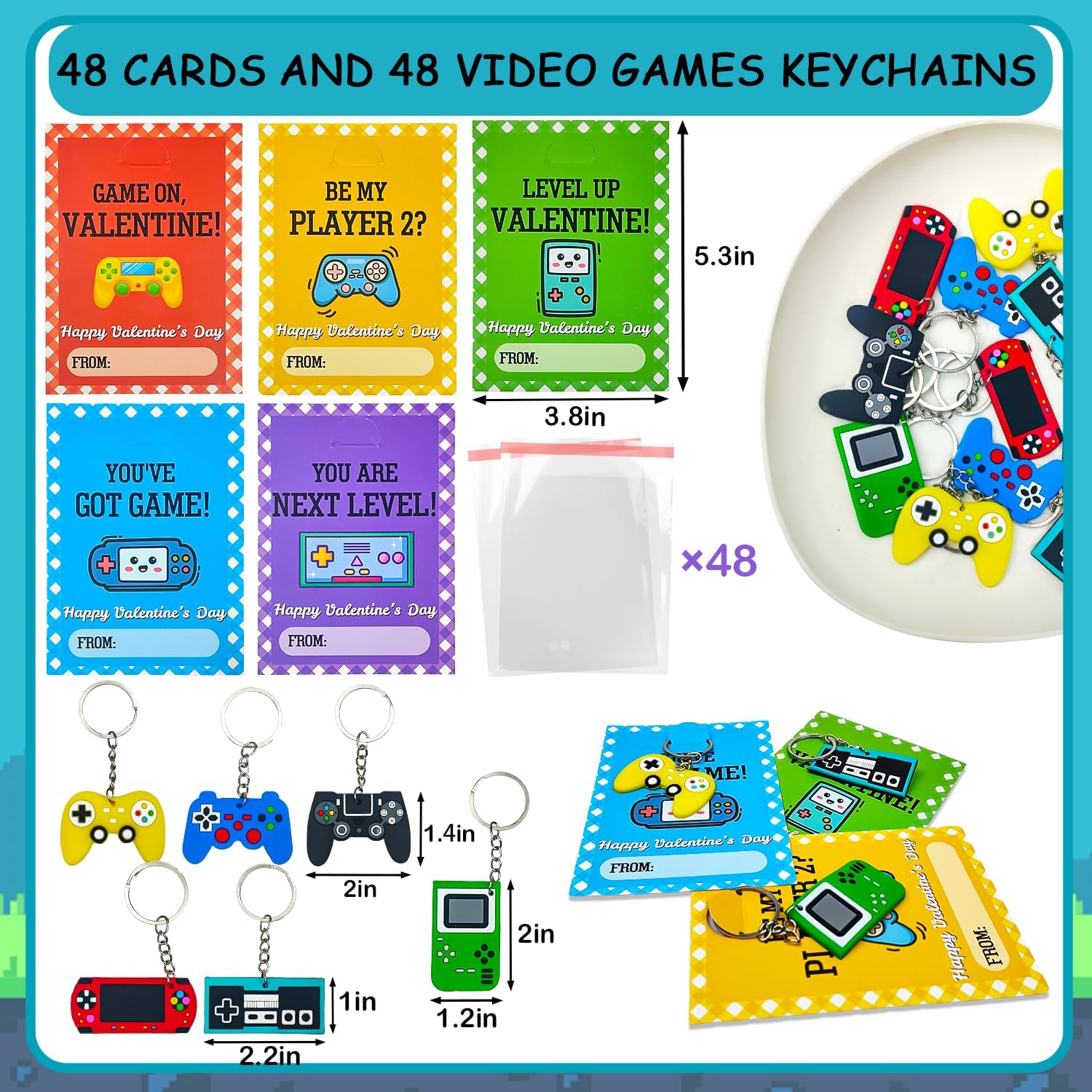 Skiennix Bulk Valentine's Day Cards - 48 Pack Video Game Keychains | Classroom Exchange Gifts for Kids