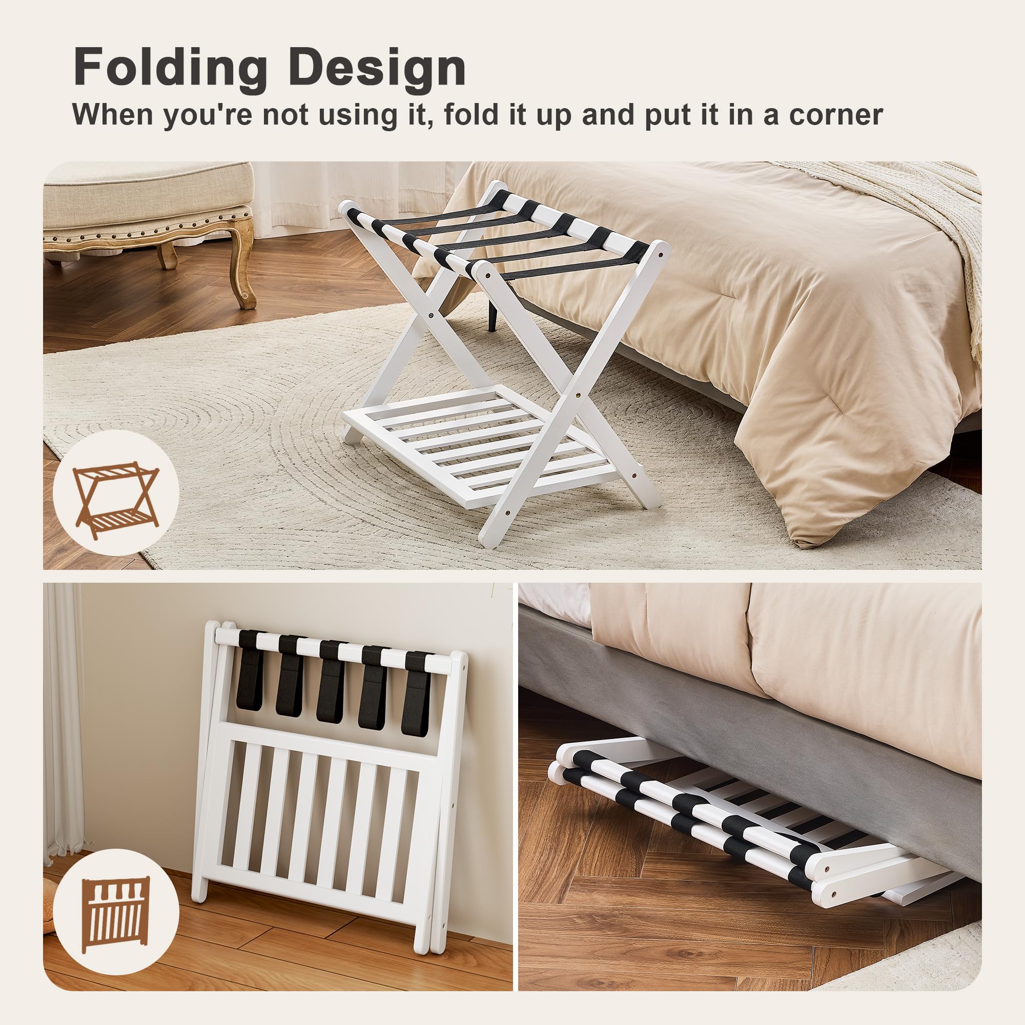 oakvivo Fully Assembled Luggage Racks Pack of 2, Upgraded Bamboo Foldable Suitcase Stand with 5 Nylon Straps, 26.77" Thickened Luggage Stand Holder with Shelf for Guest Room Bedroom Hotel, White
