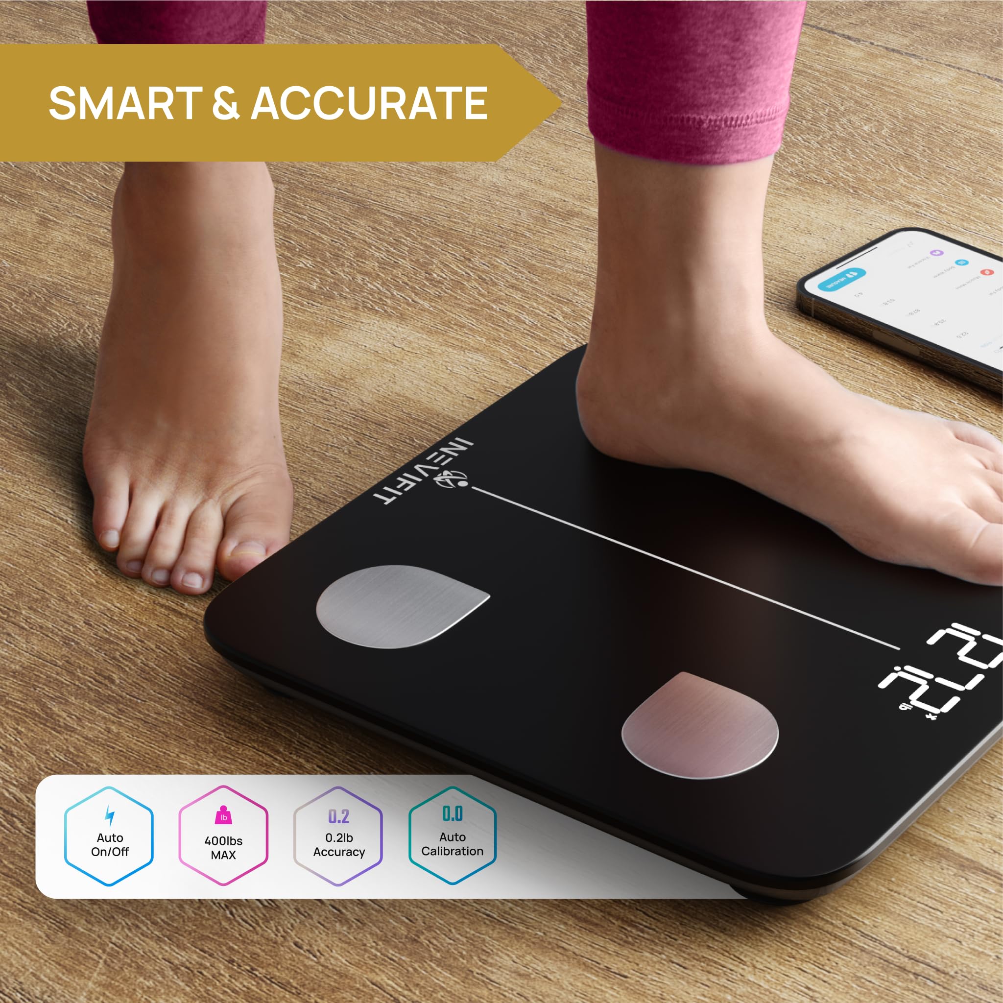 INEVIFIT Smart Body Fat Scale, Highly Accurate Bluetooth Digital Bathroom Body Composition Analyzer, Measures Weight, Body Fat, Water, Muscle, Visceral Fat & Bone Mass for Unlimited Users