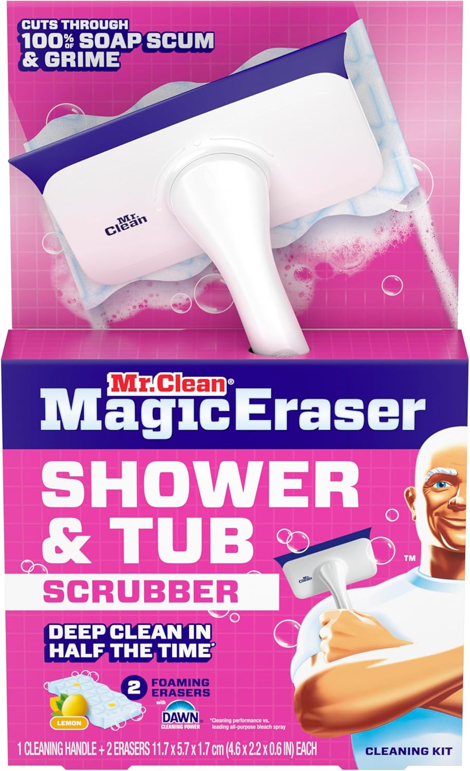 Mr. Clean Magic Eraser Shower & Tub Scrubber - All-in-One Bathroom Cleaner Kit | Lemon Scent, 1 Scrubber & 2 Erasers