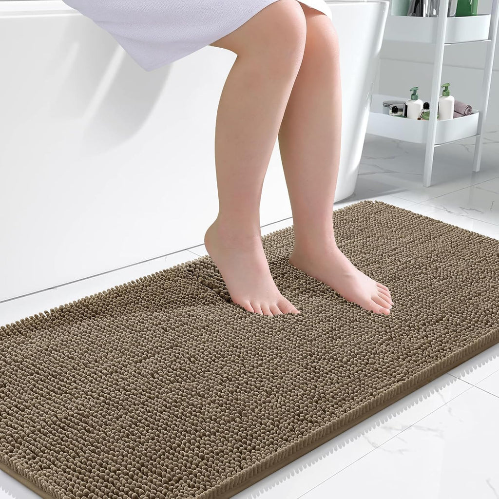 OLANLY Bathroom Runner Rugs - Extra Soft Chenille Bath Mats | Quick Dry, Machine Washable, Tan 47x24